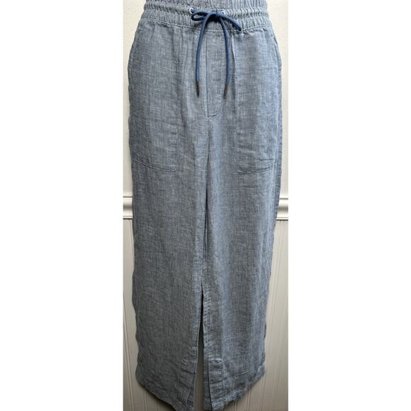 Athleta Retreat 100% Linen Wide Leg Pant 6 Blue Chambray Elastic Pull On 30x29 - Picture 1 of 10